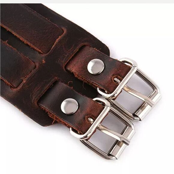 Men's Wide Leather Belt Strap Buckle Adjustable Cuff Bangle Wristband Bracelet - Picture 3 of 9